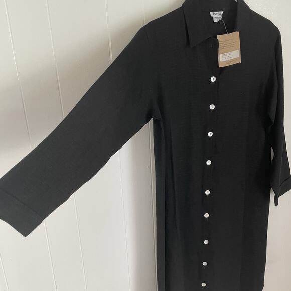 NWT Toofan Black Button Front Midi Shirt Dress Linen Long Sleeve Minimalist S - Picture 6 of 9